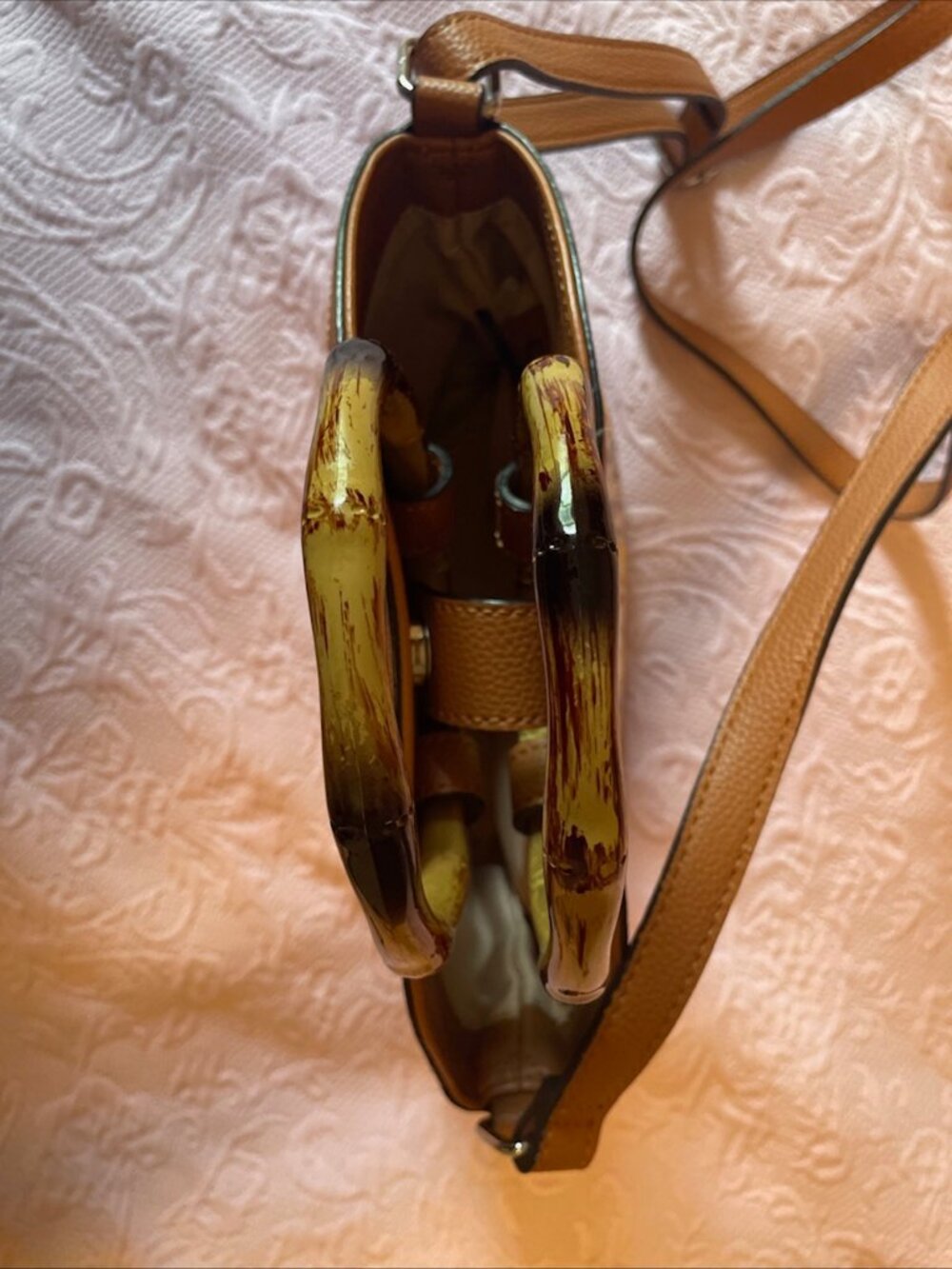 Dana Buchman Crossbody Handles Bag Floral and Tan Bamboo Handles - Picture 5 of 9